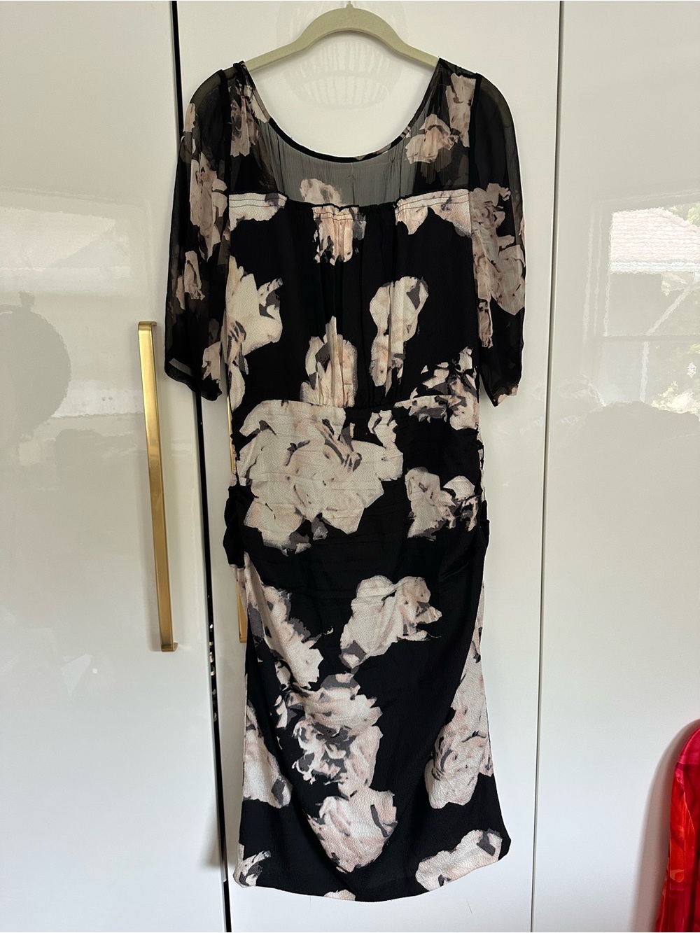 Tracy Reese Black Floral Sheath Dress with Pale Blush Print silk stretch
